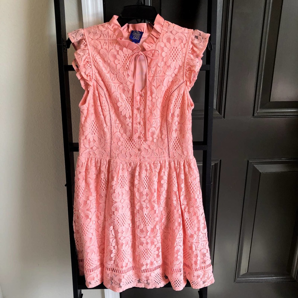 disney beauty and the beast pink lace flutter sleeve dress size medium